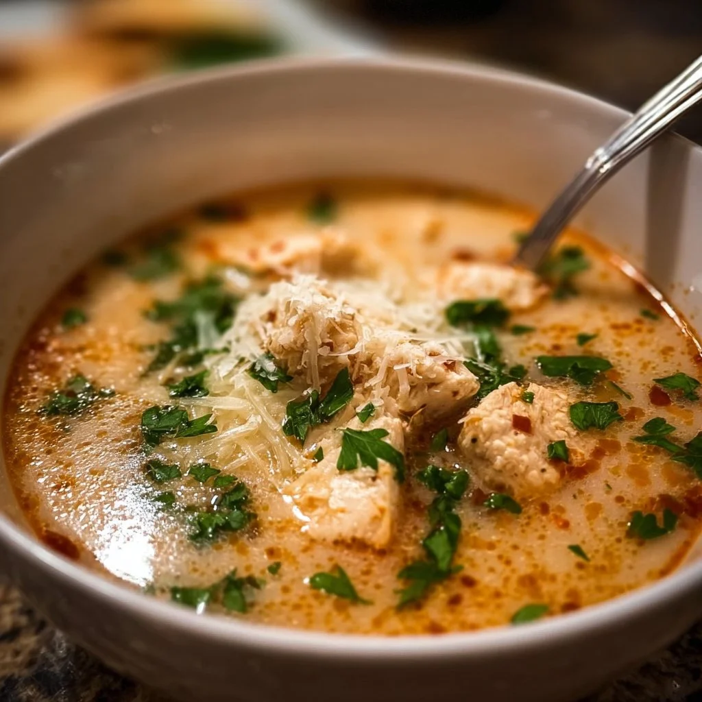 Bowl of Chicken Parmesan Soup topped with cheese and herbs, perfect for cozy meals.