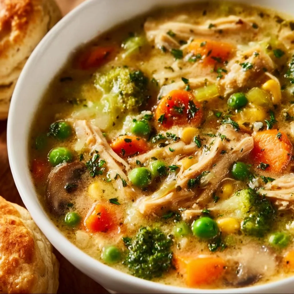 Bowl of Chicken Pot Pie Soup with vegetables and flaky crust on top