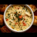 Bowl of Chicken Pot Pie Soup garnished with herbs and vegetables
