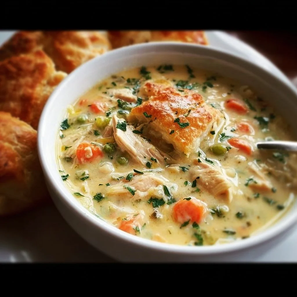 A warm bowl of Chicken Pot Pie Soup topped with fresh herbs and flaky pastry.