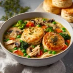 Delicious bowl of Chicken Pot Pie Soup with vegetables and herbs