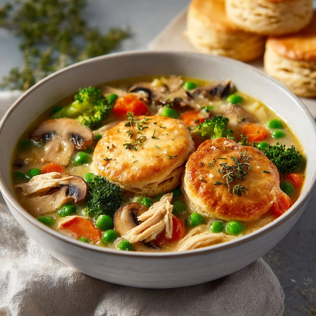 Delicious bowl of Chicken Pot Pie Soup with vegetables and herbs