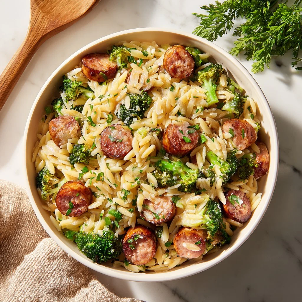 Chicken sausage with broccoli orzo in a serving bowl