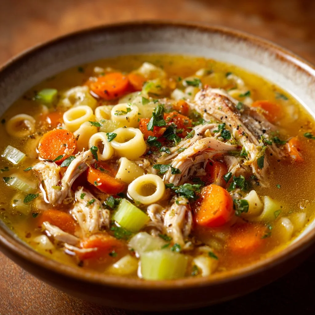 Delicious bowl of chicken soup garnished with herbs