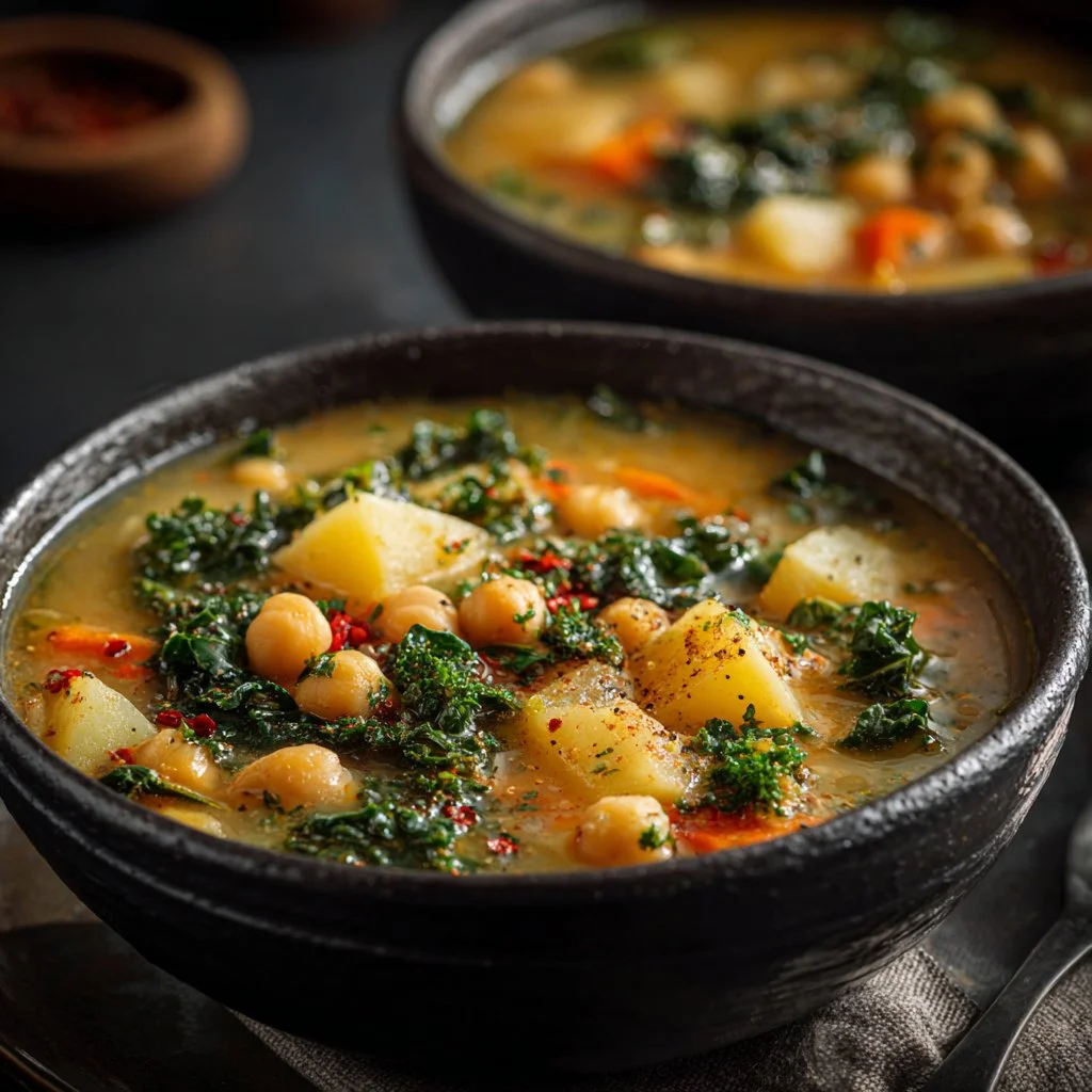 A bowl of Chickpea Potato Soup garnished with herbs and spices