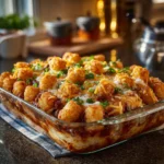 Delicious Chili Cheese Tater Tot Casserole topped with melty cheese