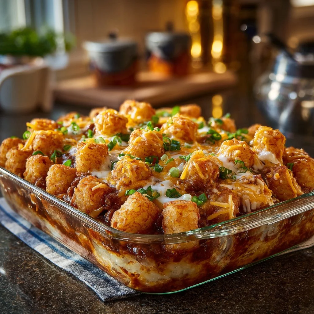 Delicious Chili Cheese Tater Tot Casserole topped with melty cheese