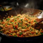 Bowl of homemade Chinese Chicken Fried Rice with colorful vegetables and chicken