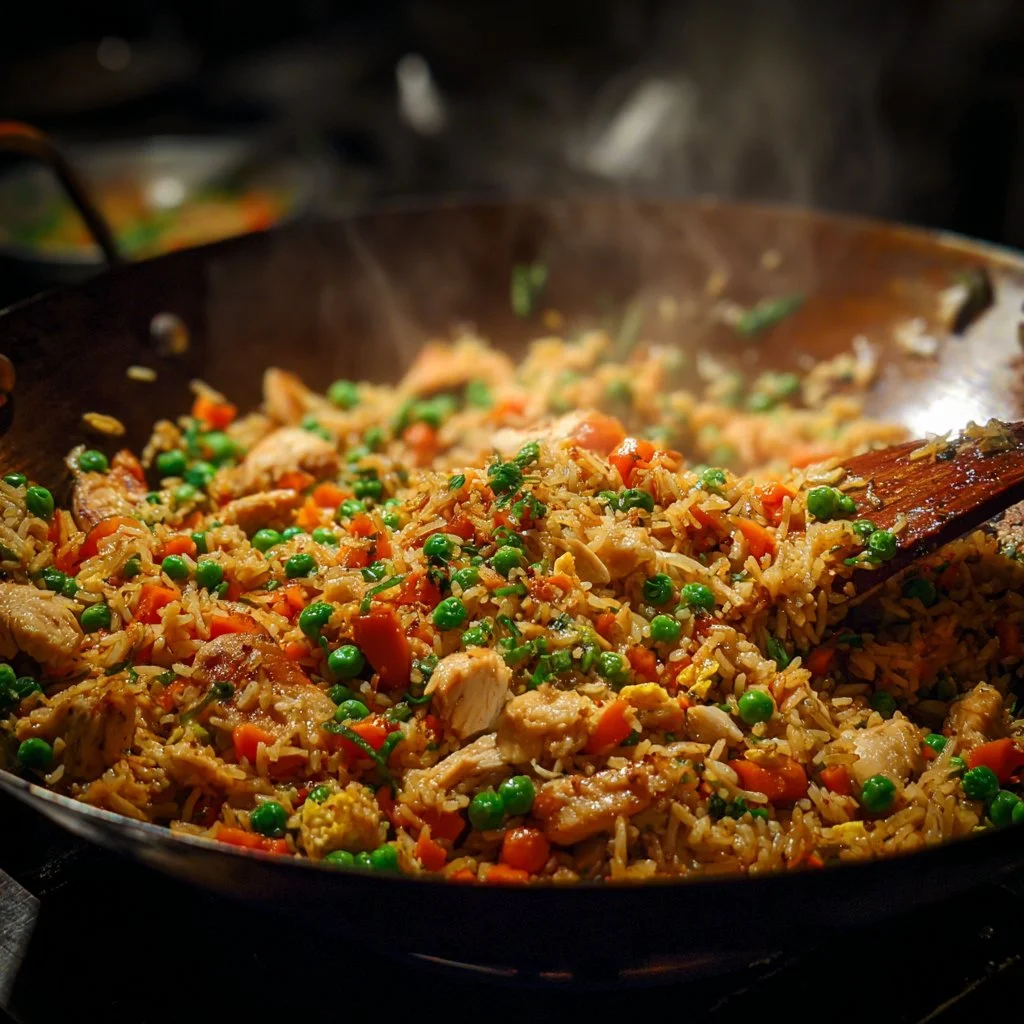 Bowl of homemade Chinese Chicken Fried Rice with colorful vegetables and chicken