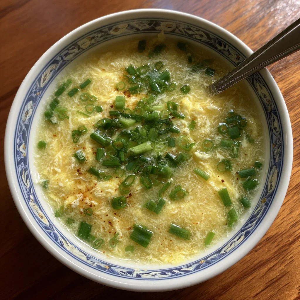 Bowl of Chinese Egg Drop Soup garnished with green onions.