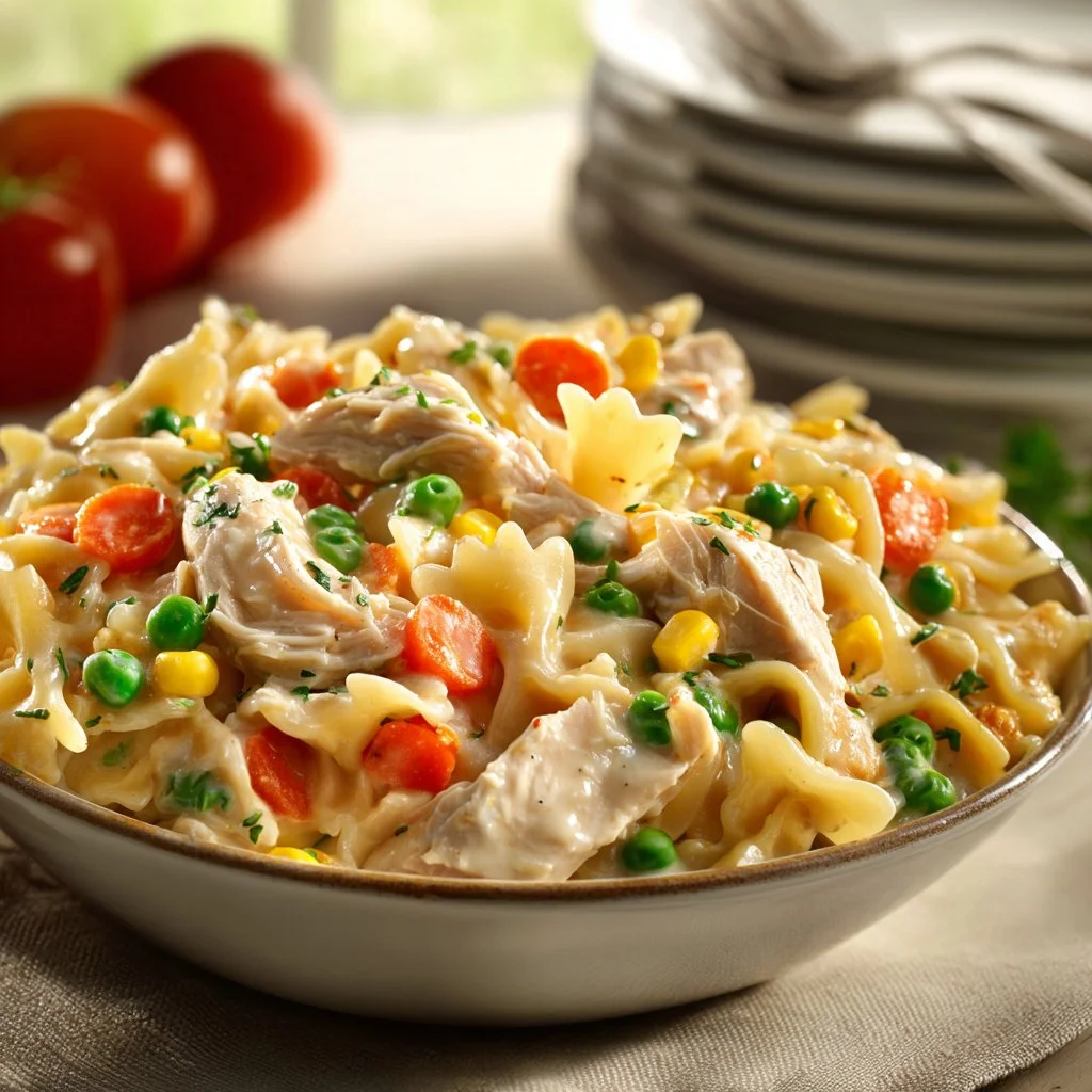 Classic Chicken Pot Pie Pasta in a bowl with fresh herbs