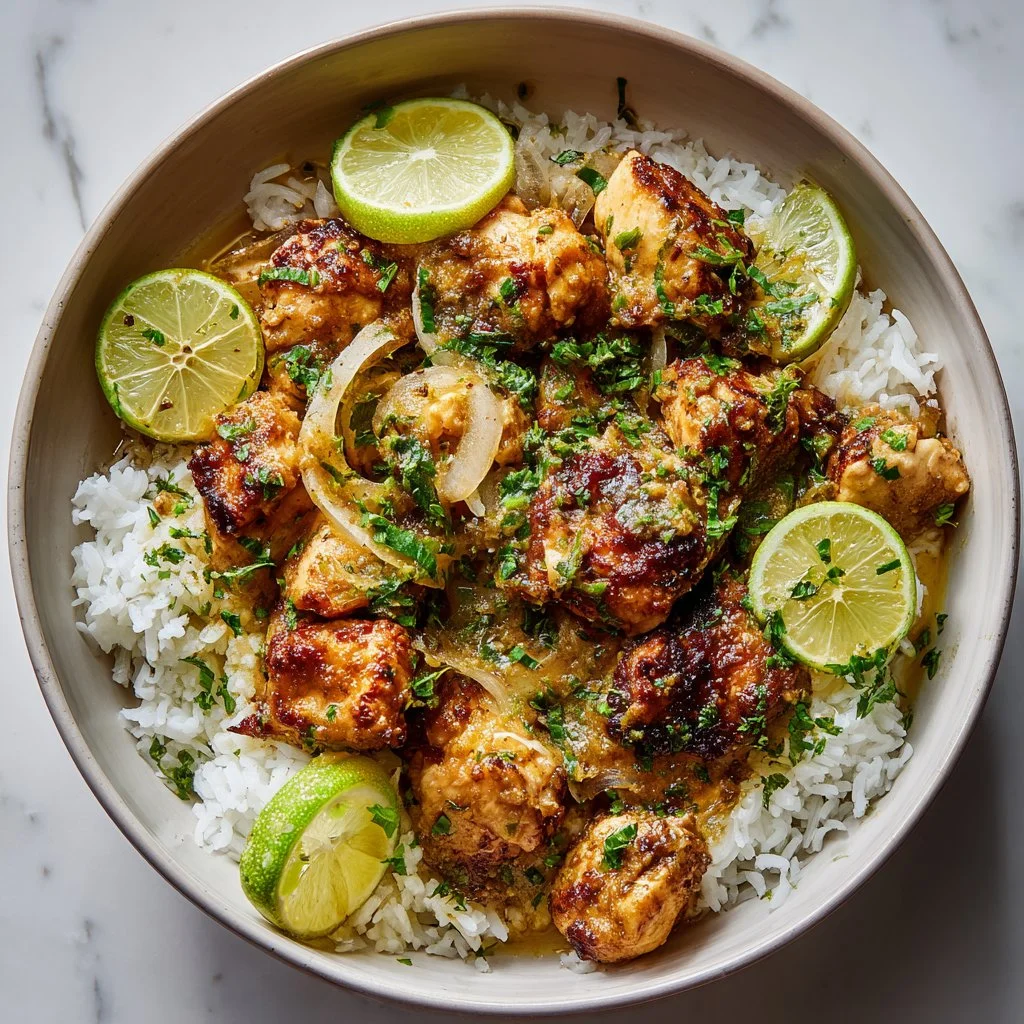 Delicious Coconut Chicken served with rice on a plate.