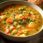 A bowl of creamy vegetable soup filled with vibrant veggies and herbs.