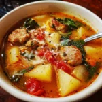 A bowl of cozy Italian sausage and potato soup garnished with herbs.