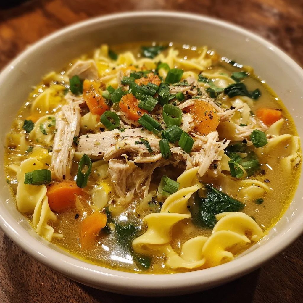 Delicious bowl of Crack Chicken Noodle Soup garnished with herbs.