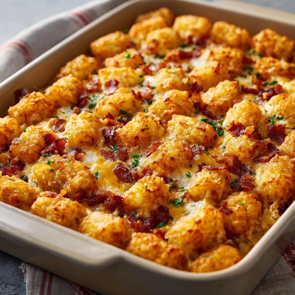 Delicious Cracked Out Chicken Tater Tot Casserole baked with chicken and cheese