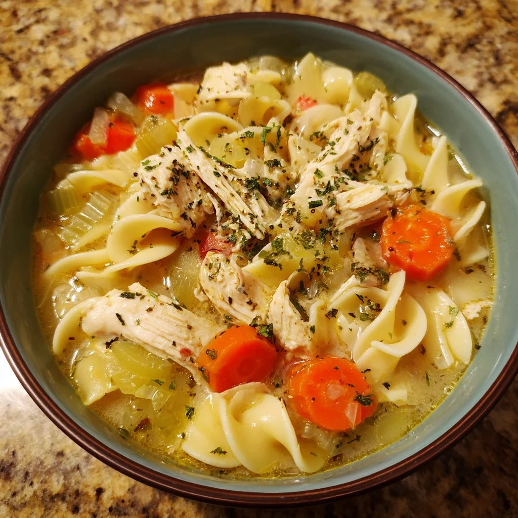 Bowl of creamy chicken noodle soup with vegetables and herbs