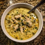 Bowl of creamy chicken poblano soup garnished with cilantro and lime