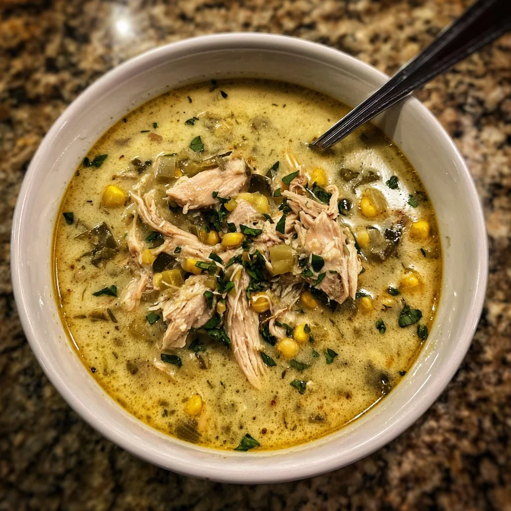 Bowl of creamy chicken poblano soup garnished with cilantro and lime