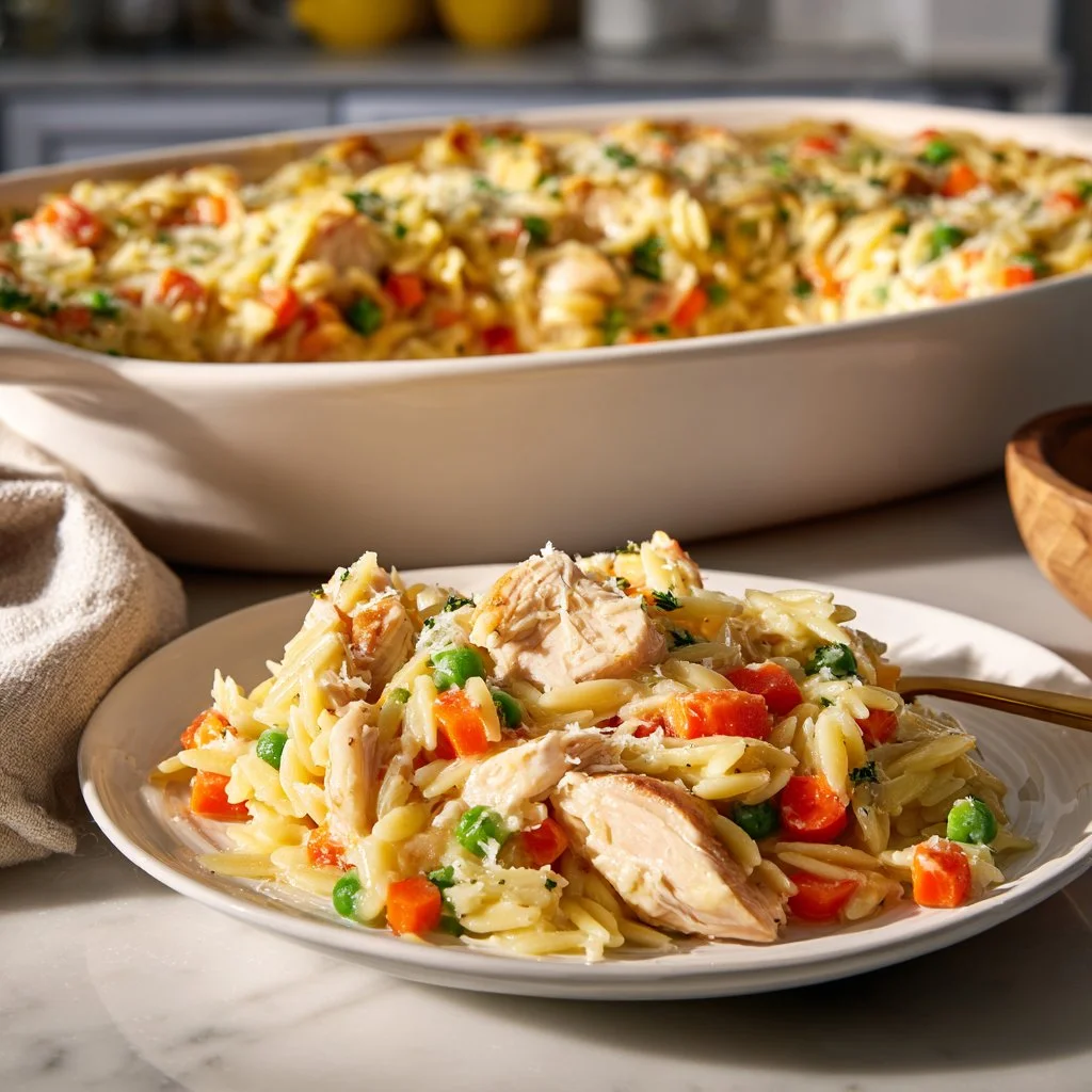 Creamy chicken pot pie orzo served in a bowl with vegetables and herbs