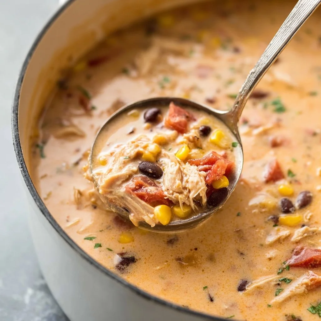 Creamy chicken taco soup garnished with cilantro in a blue bowl