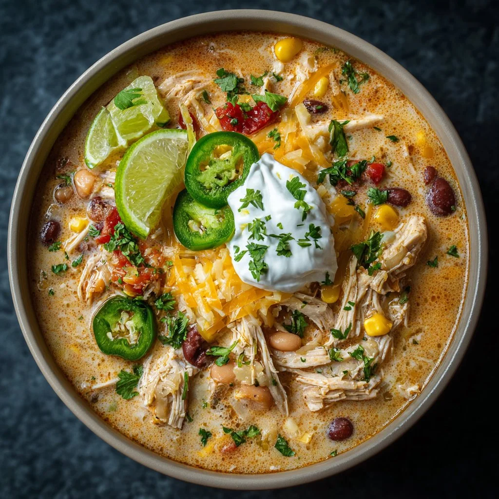 Delicious creamy chicken taco soup in a bowl garnished with cheese and avocado