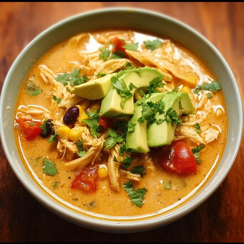 Bowl of creamy Chicken Tortilla Soup topped with tortilla strips and avocado