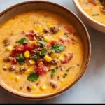 Bowl of creamy cowboy soup topped with herbs and served with crusty bread.