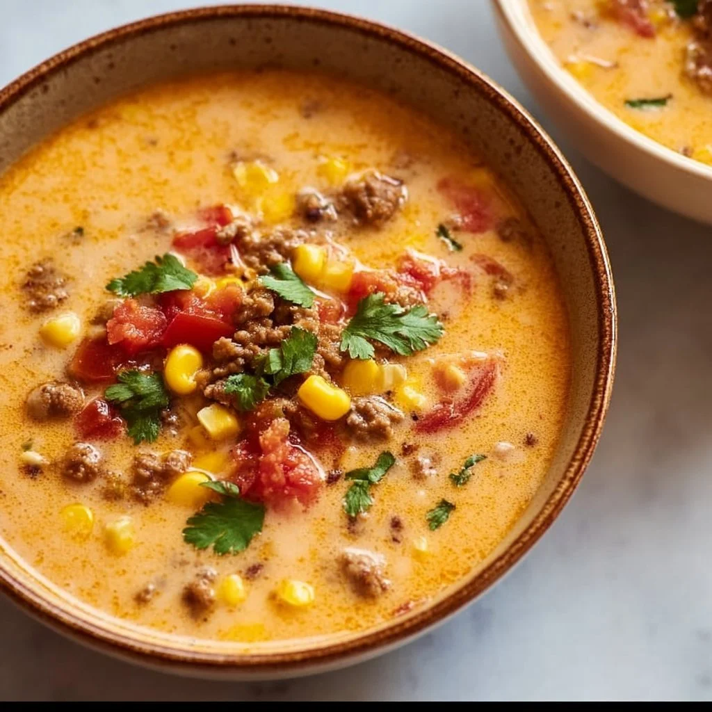 Bowl of creamy cowboy soup topped with herbs and served with crusty bread.