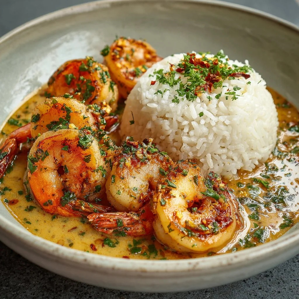 Creamy garlic butter shrimp served on a plate with herbs