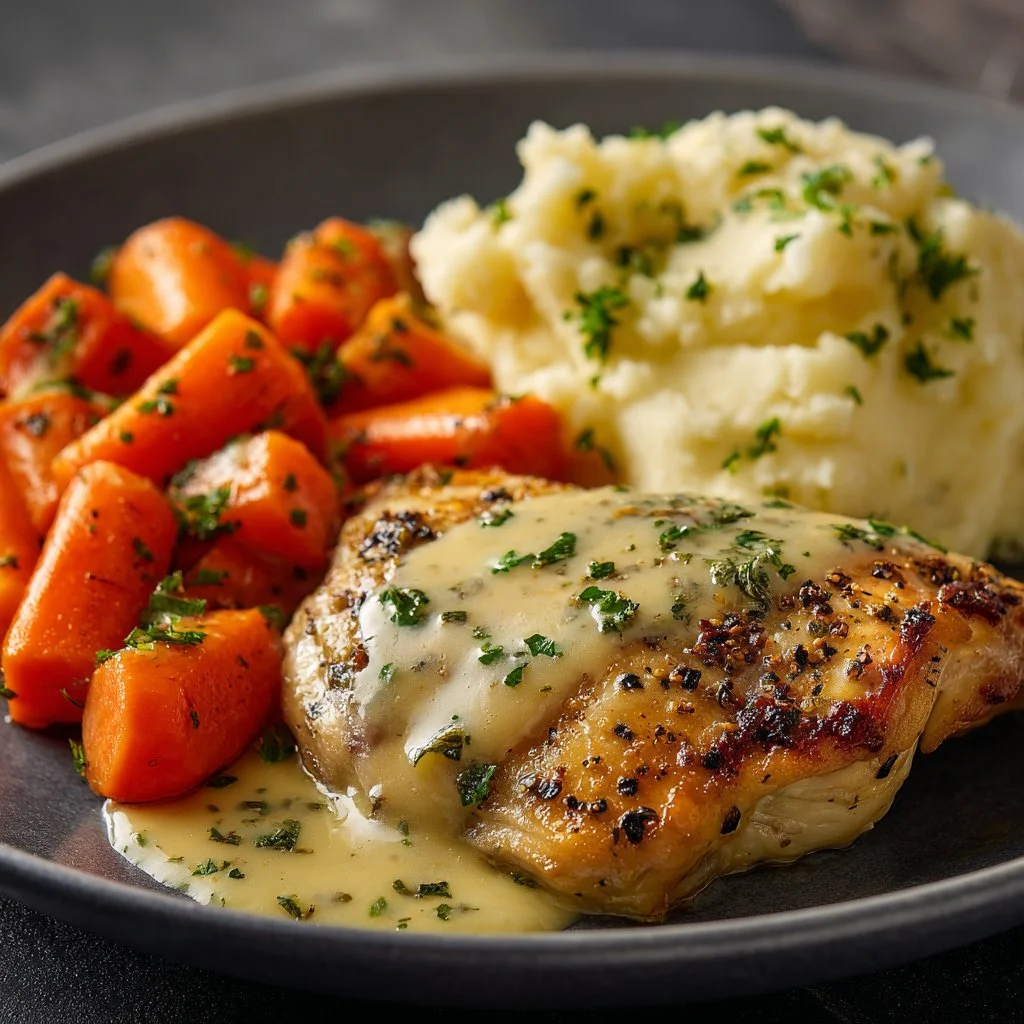 Creamy herb chicken with mashed potatoes and glazed carrots on a plate