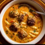 Bowl of creamy Italian meatball soup topped with herbs and cheese