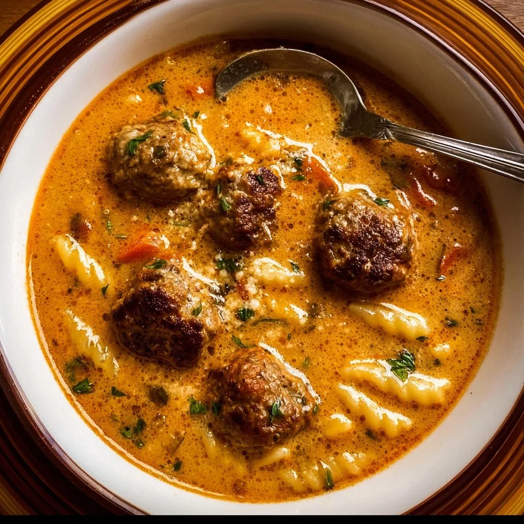 Bowl of creamy Italian meatball soup topped with herbs and cheese