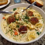 Creamy Italian meatball soup in a bowl with garnished herbs
