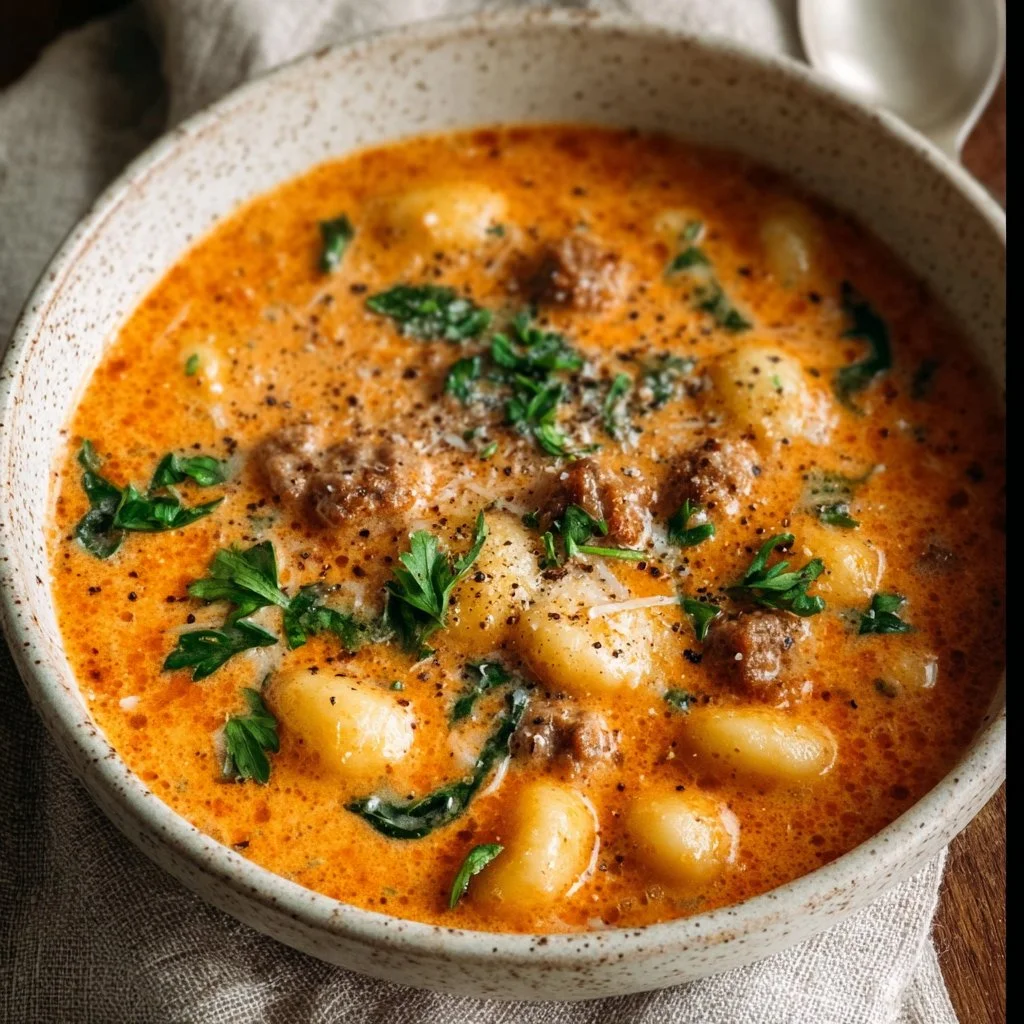 Creamy Italian sausage gnocchi soup garnished with fresh herbs