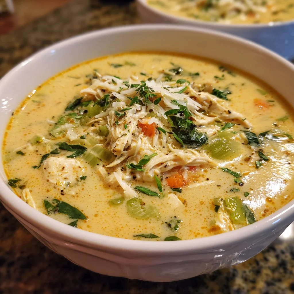 Bowl of creamy Keto Chicken Soup with chicken and cream cheese