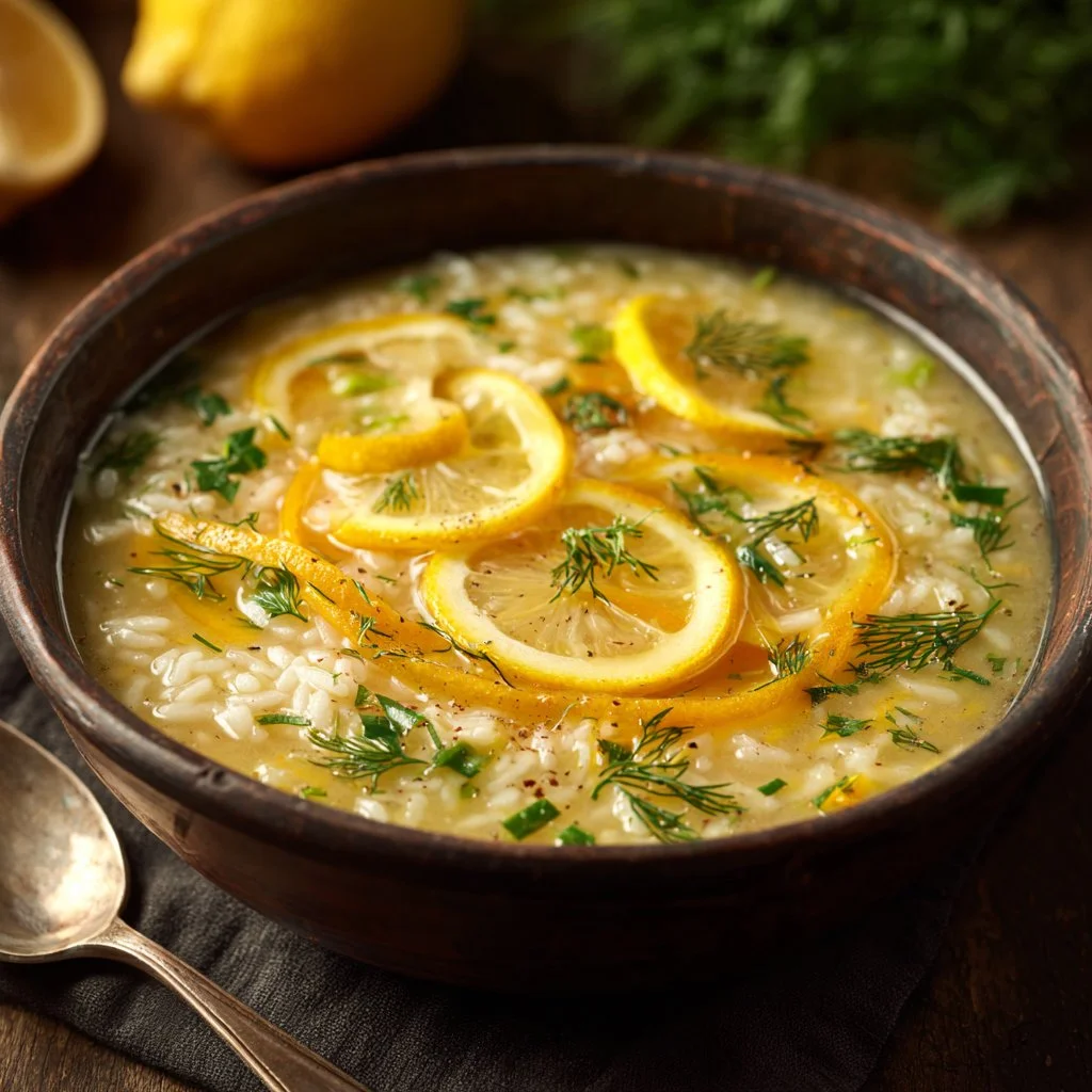 Bowl of creamy lemon rice soup garnished with fresh herbs and lemon slices