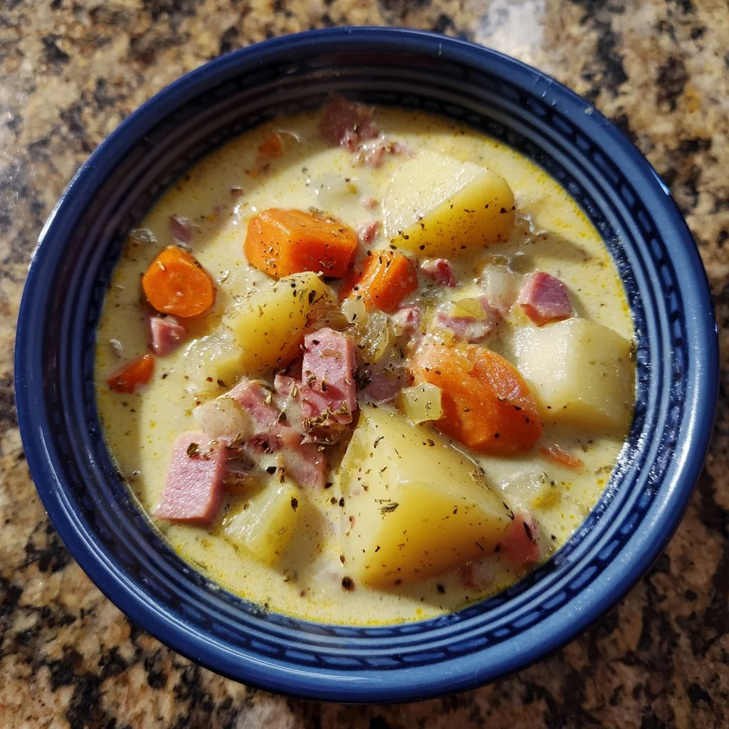 Creamy ham and potato soup in a bowl topped with herbs and served with bread.