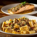 Creamy Parmesan Beef Rigatoni served in a bowl with fresh herbs on top