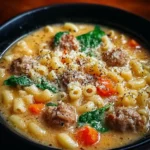 Creamy Parmesan Italian Sausage Ditalini Soup in a bowl, garnished with parsley.