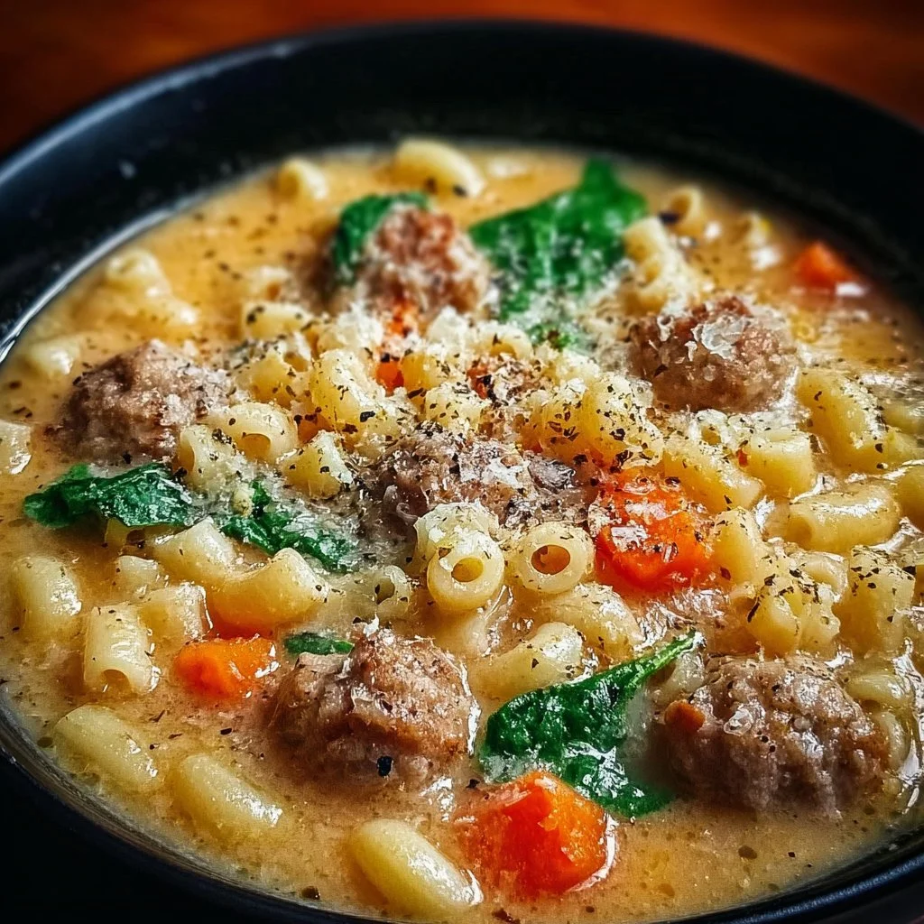 Creamy Parmesan Italian Sausage Ditalini Soup in a bowl, garnished with parsley.