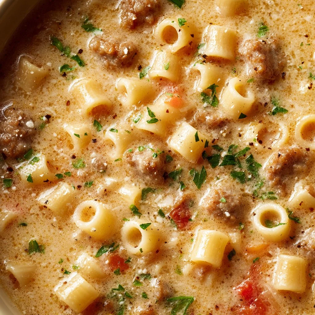 Creamy Parmesan Italian Sausage Ditalini Soup in a bowl garnished with herbs.