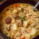 Bowl of creamy potato sausage chowder with vegetables and herbs