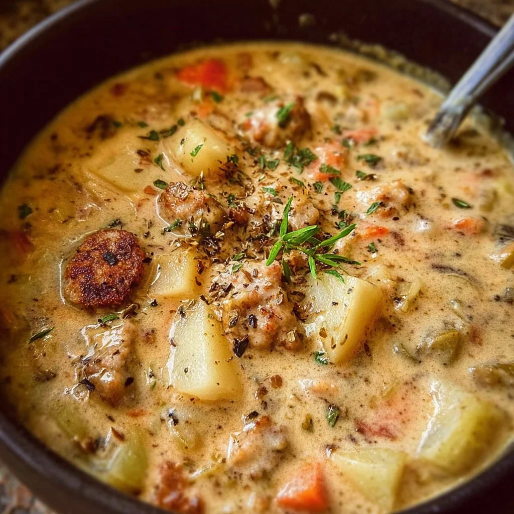 Bowl of creamy potato sausage chowder with vegetables and herbs