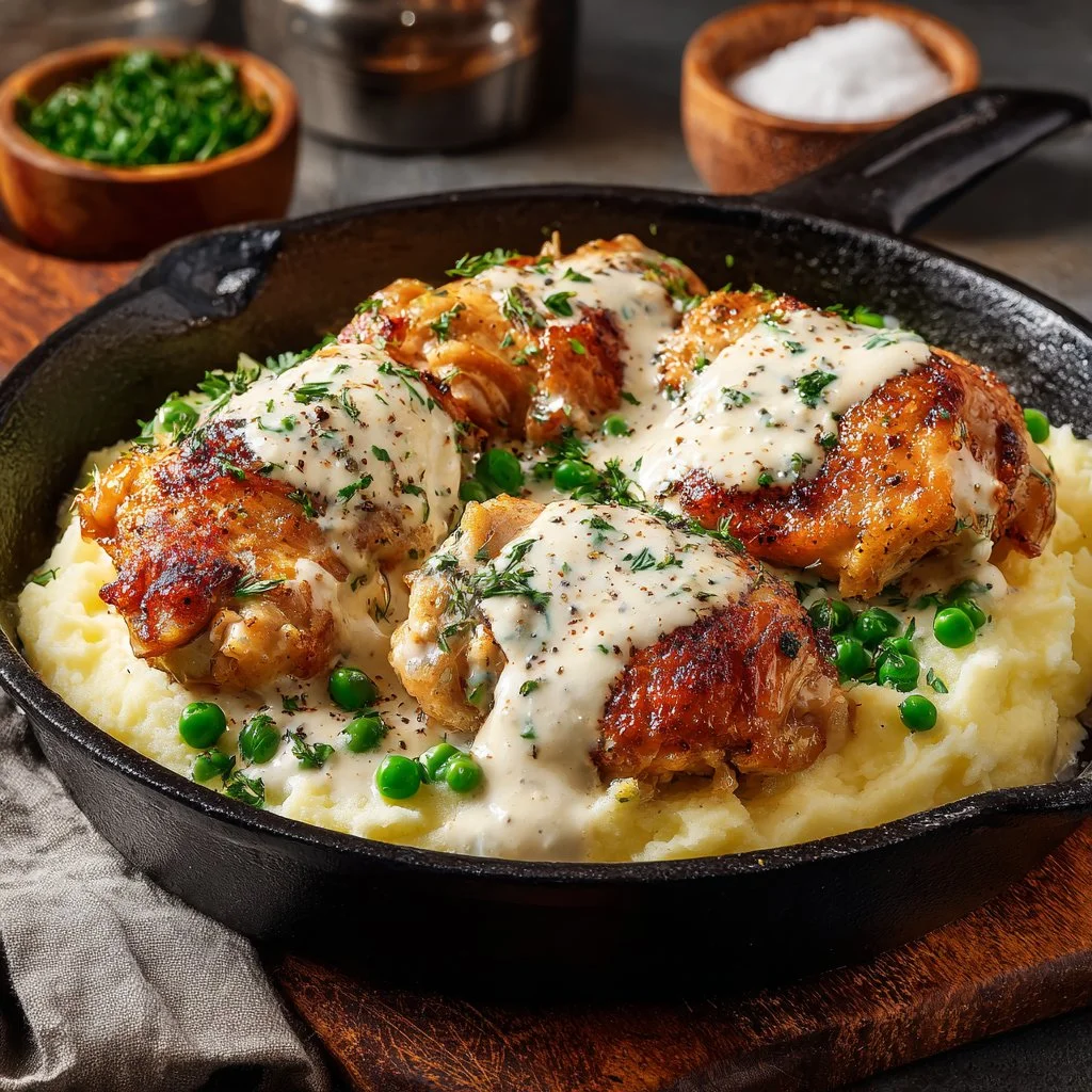 Dish of creamy ranch chicken with herbs and spices on a plate