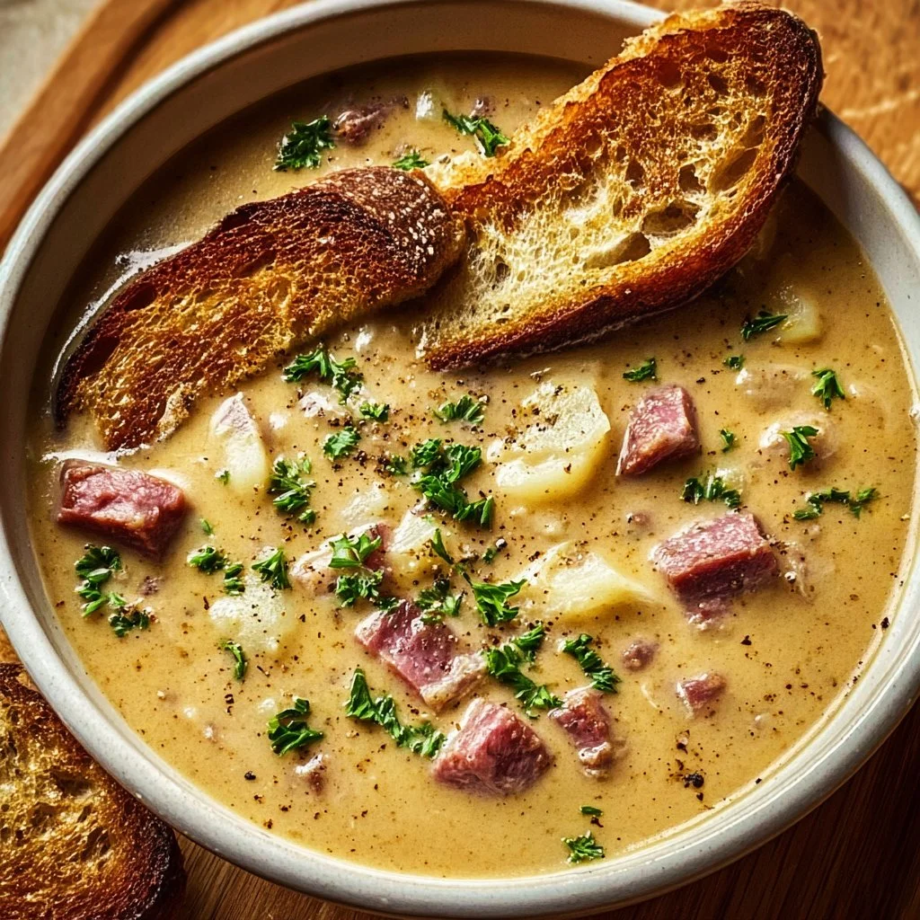 Bowl of creamy Reuben soup with ingredients like corned beef, sauerkraut, and cheese.