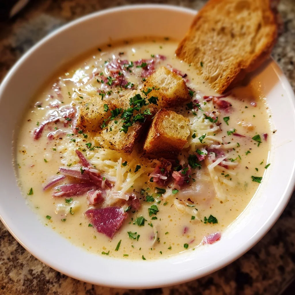 Bowl of creamy Reuben soup with corned beef and Swiss cheese garnished with herbs
