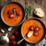 Bowl of creamy roasted garlic tomato soup garnished with herbs