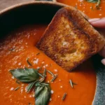 Bowl of creamy roasted tomato soup topped with fresh basil