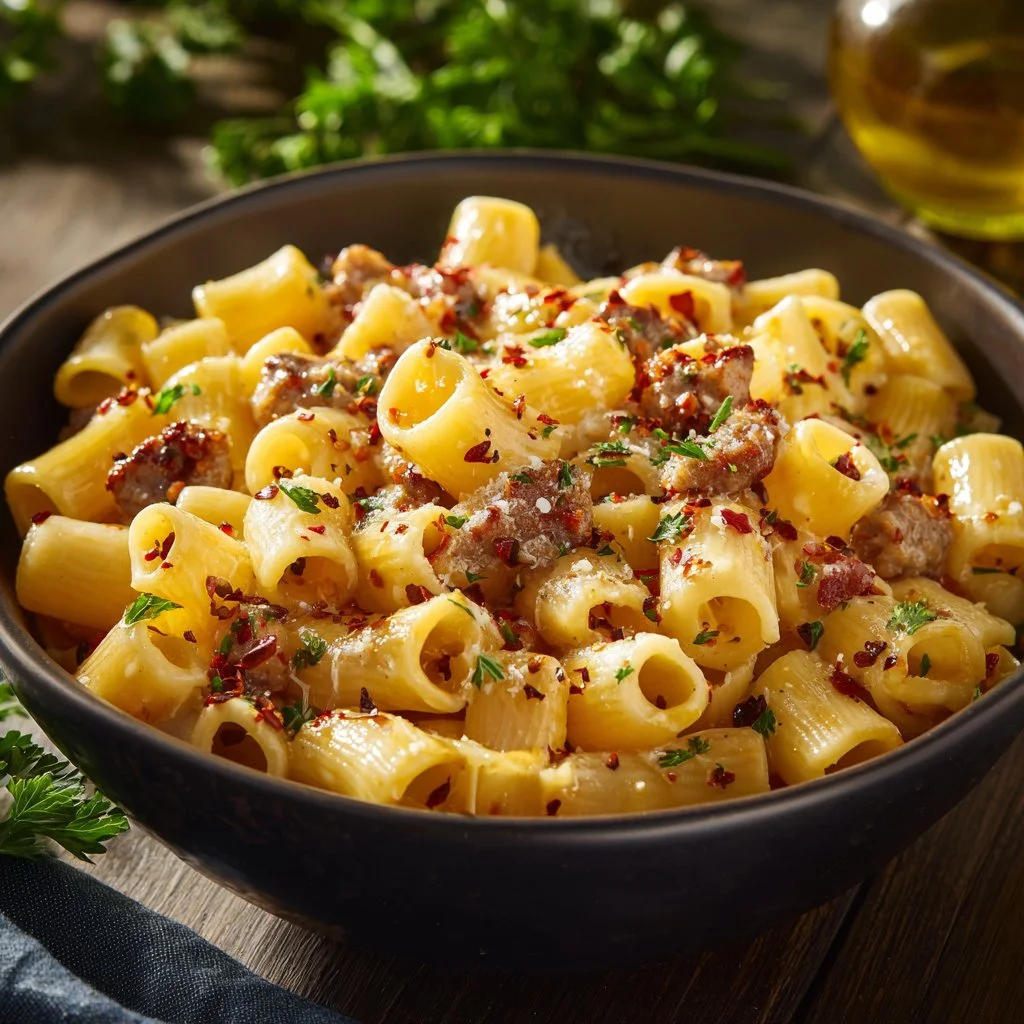 Creamy Sausage Ditalini Pasta served in a bowl, garnished with herbs.